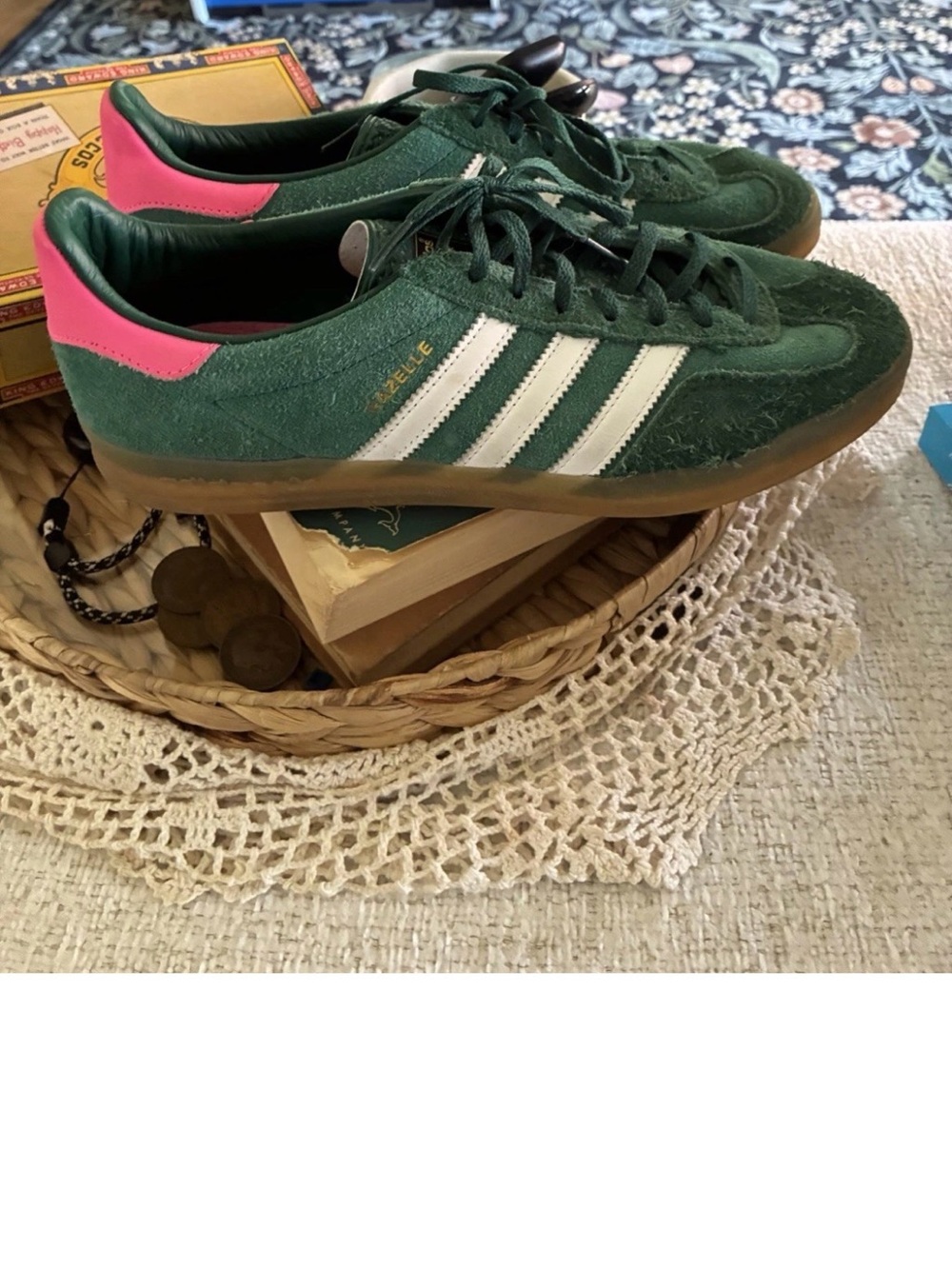 adidas Gazelle Green Suede Sneakers with White Stripes and Pink Heel